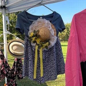 Blue Floral Dress with Straw Hat and Yellow Accents